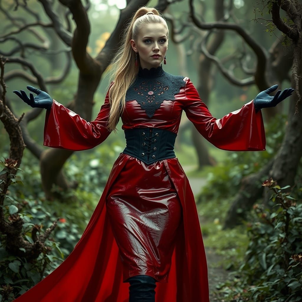 Gothic Vampire in Red PVC Dress in Lush Garden
