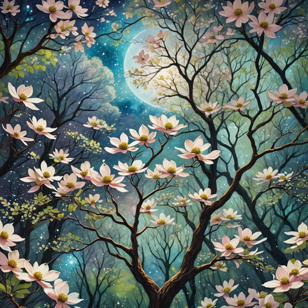 Cosmic Dogwood Blooms Among Sky-High Oaks