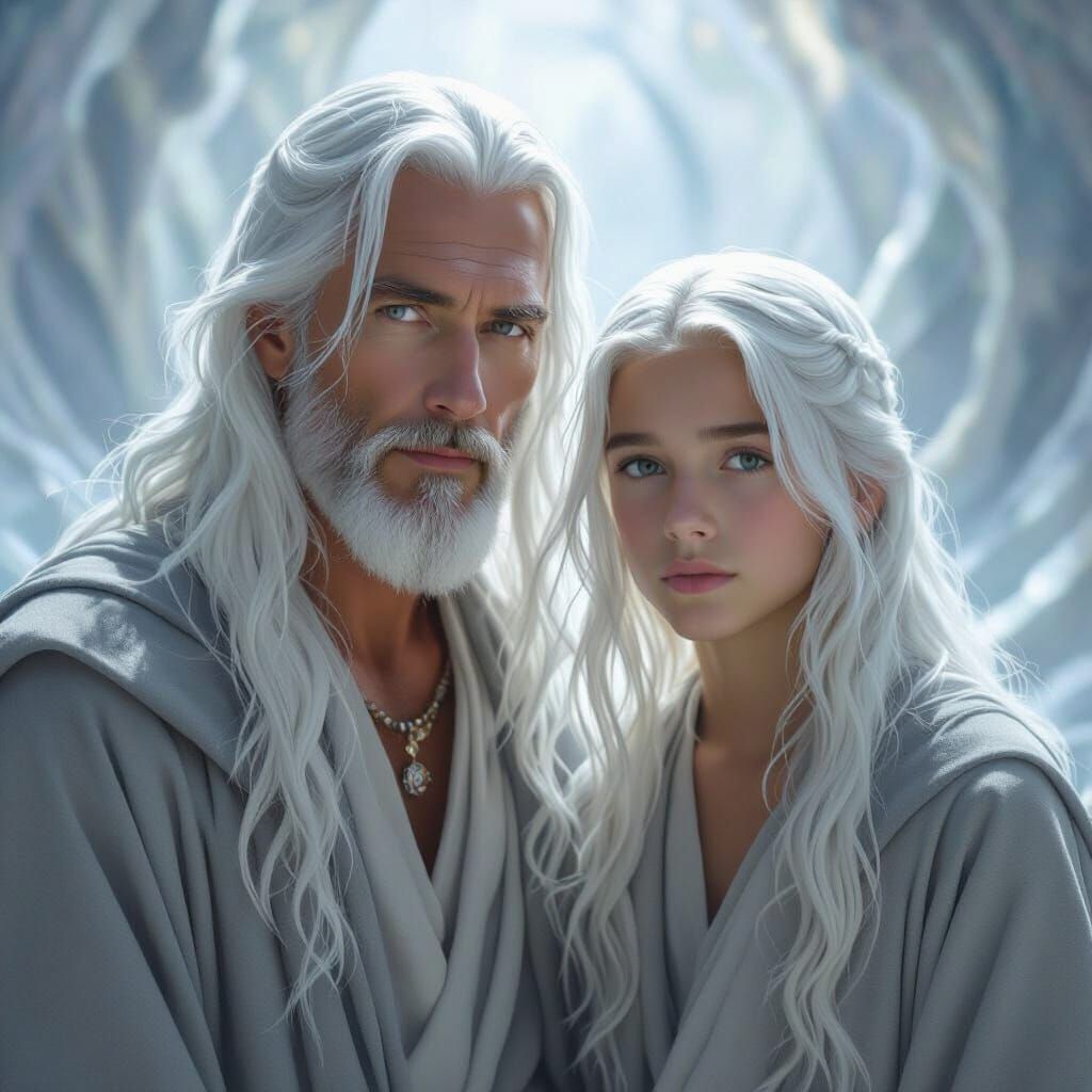 Pleiadian Man and Youth with White Hair in Grey Robes
