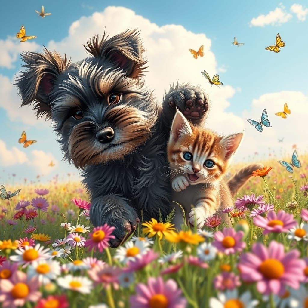 Puppy and Kitten Play in a Wildflower Field