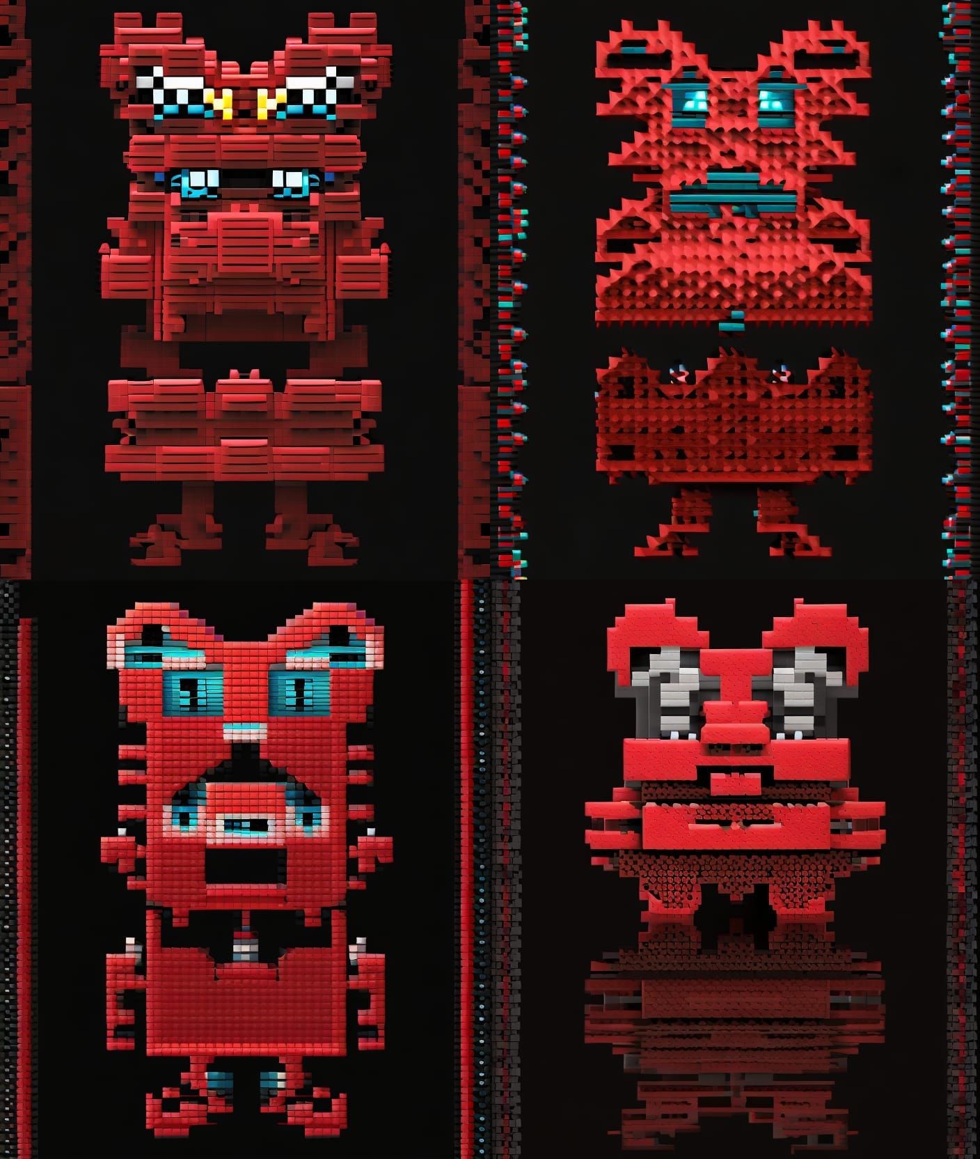 Pixel art,a 3d hd red monster on a black background, vibrant cartoon art, mirror background, crazed, smartphone resoluti...