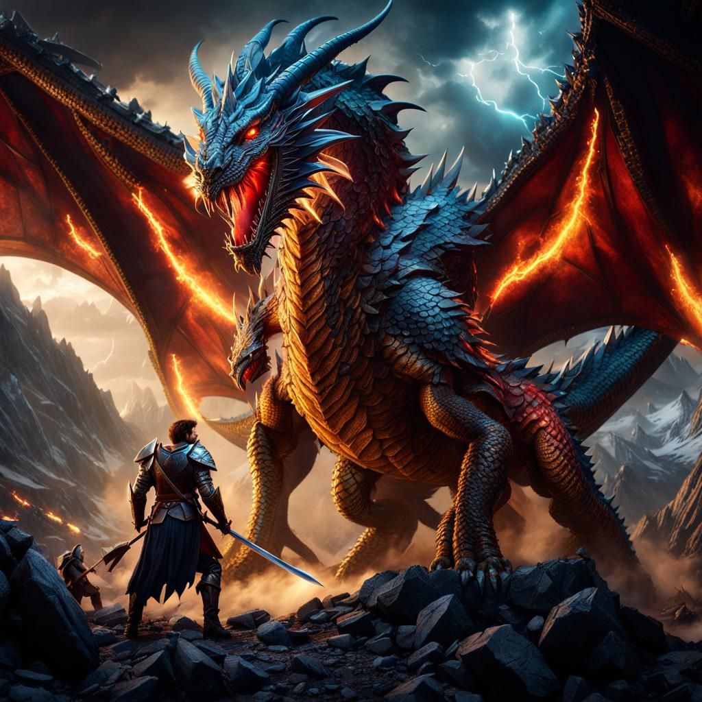 Epic fantasy battle scene between a warrior and a colossal d...