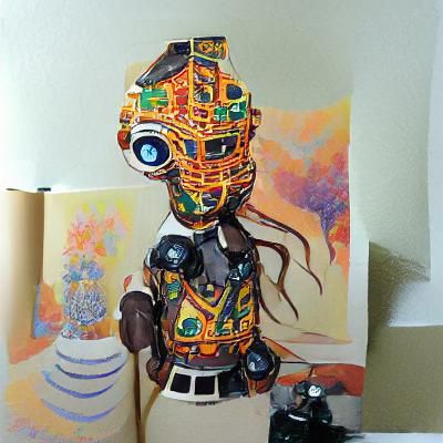 Spiritual Robot with African Mask in Gouache