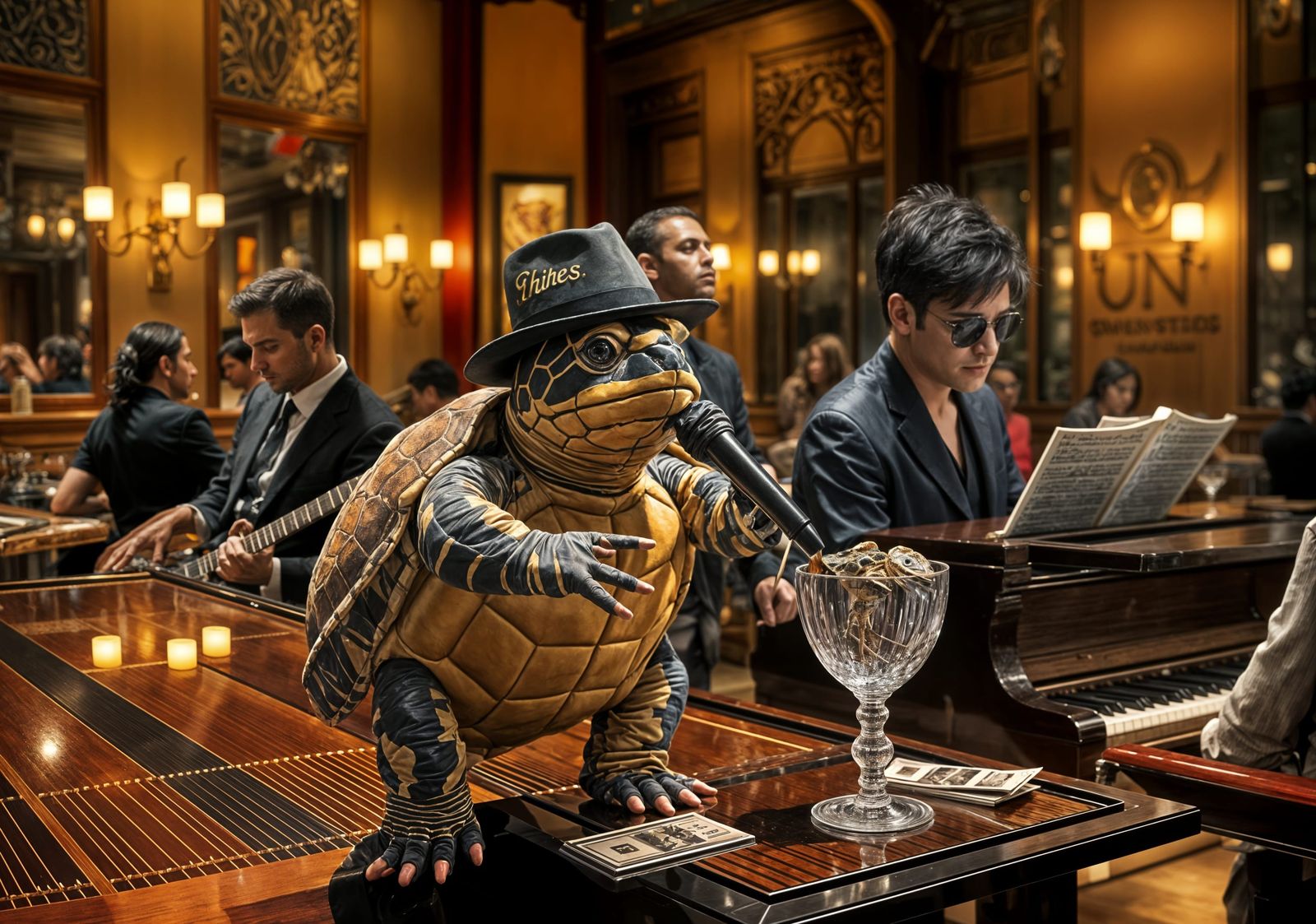 Photorealistic Turtle Performs at New York Piano Bar