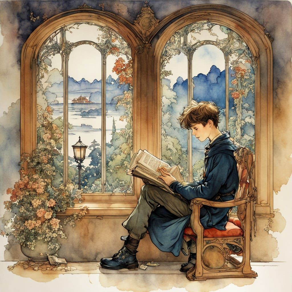 Boy Reading by Window: Ink and Watercolor