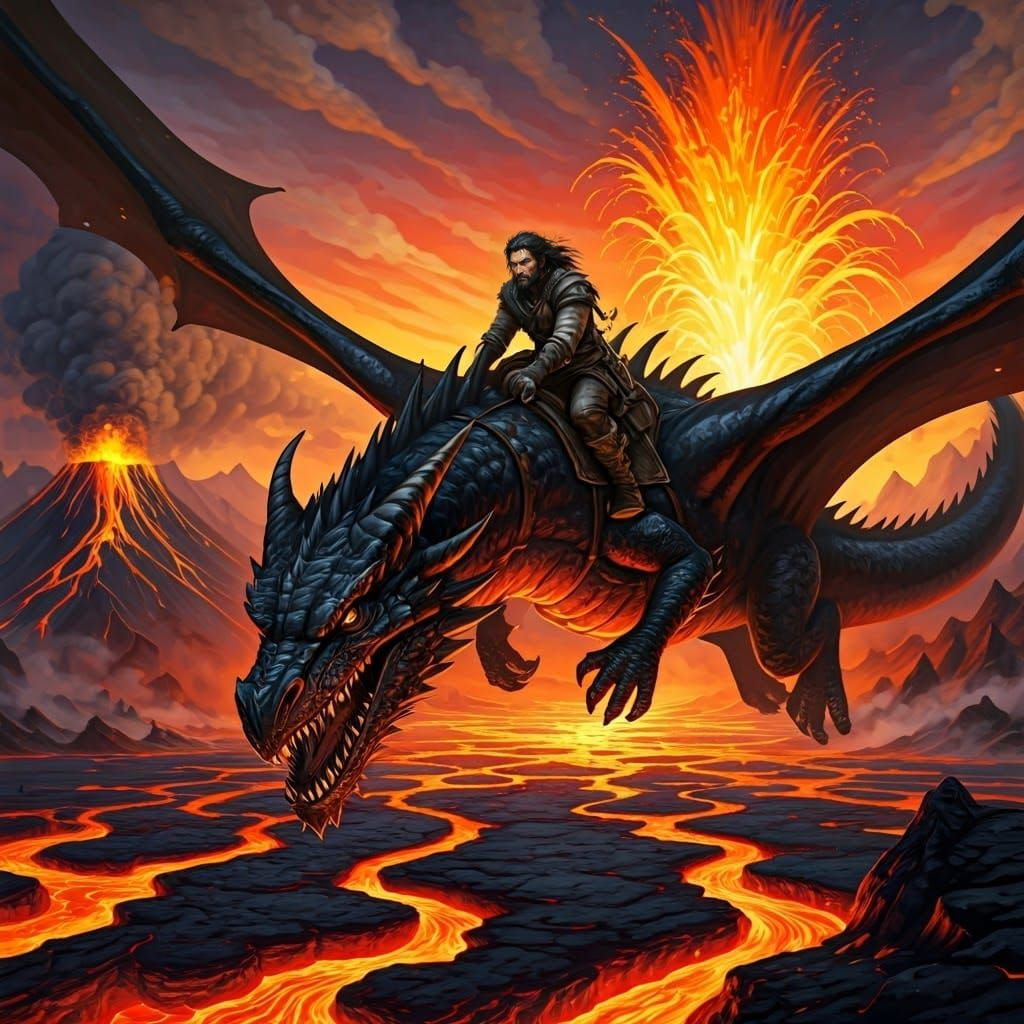 Rugged Warrior Rides Molten Dragon Through Turbulent Skies