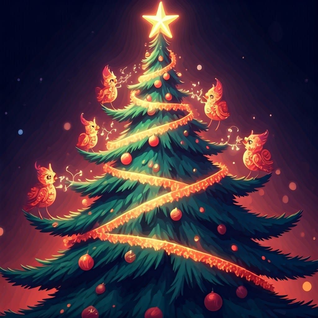 Whimsical Christmas Tree with Singing Birds in Vibrant Anime...