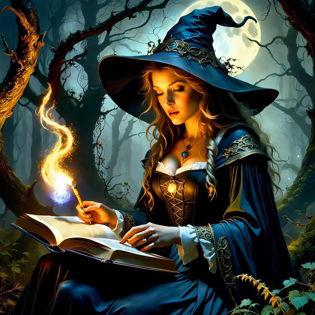Witch Studying Spells in Haunted Forest, Digital Baroque