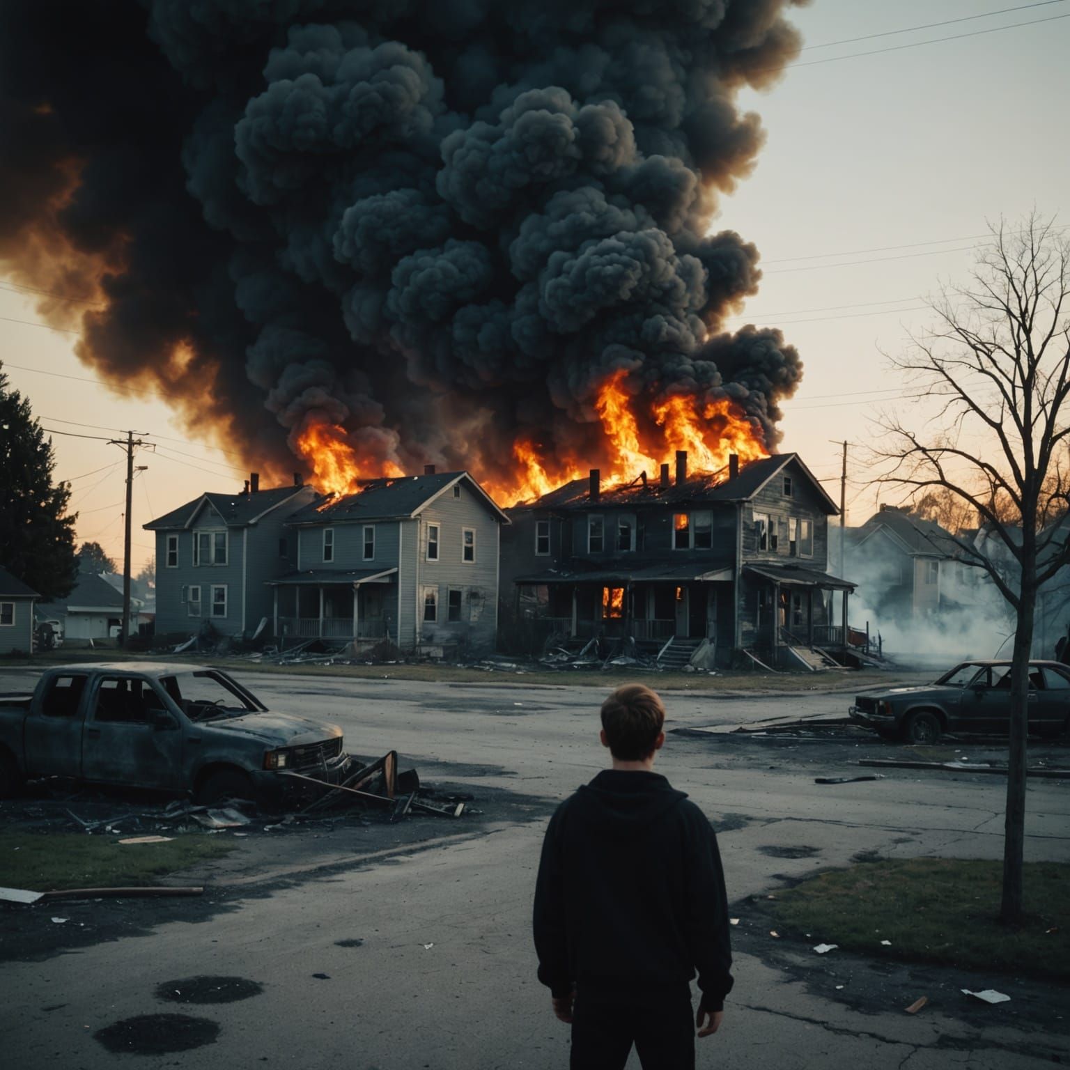 Desolate Neighborhood Inferno in Smoldering Twilight