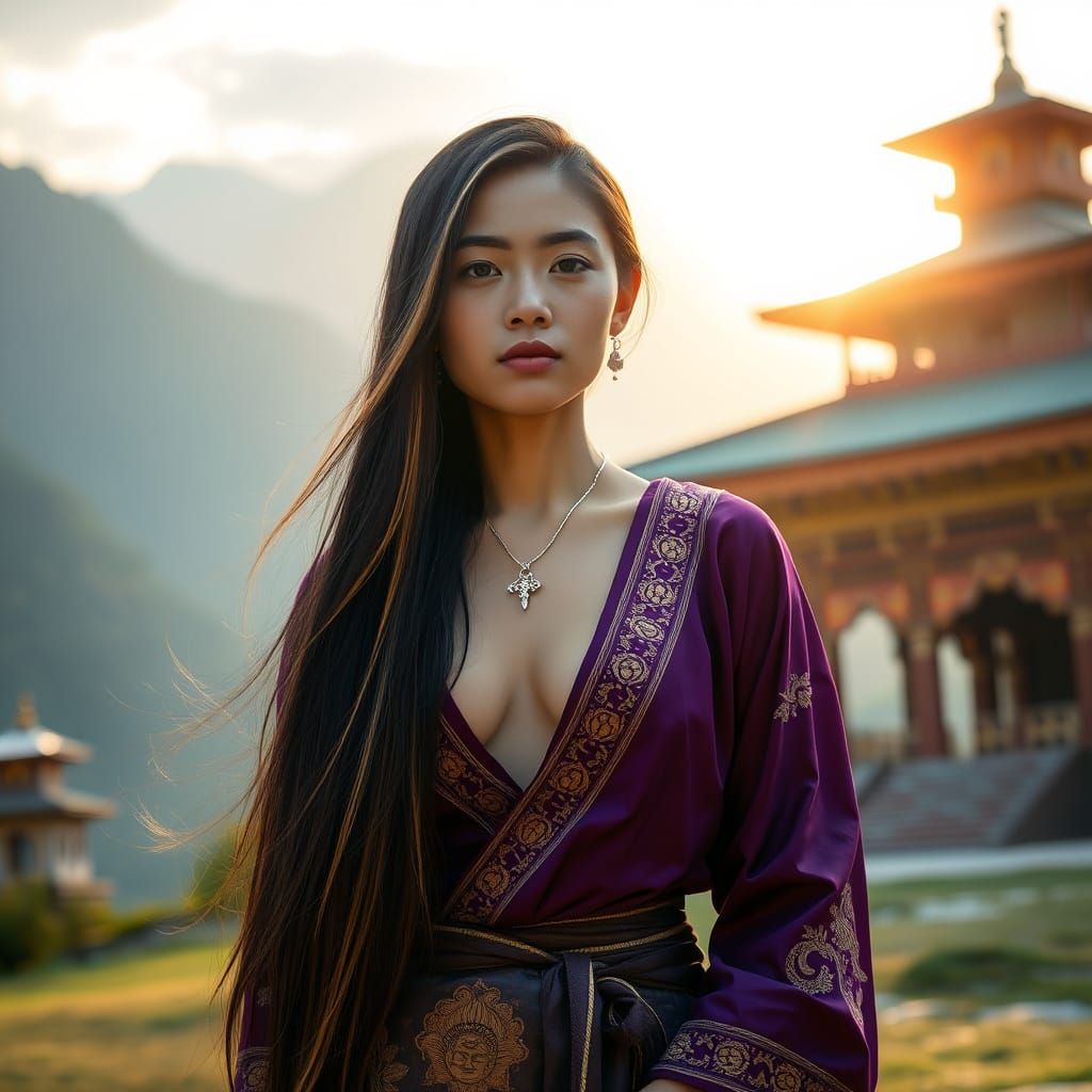 Bhutanese Woman in Mountain Temple at Dawn
