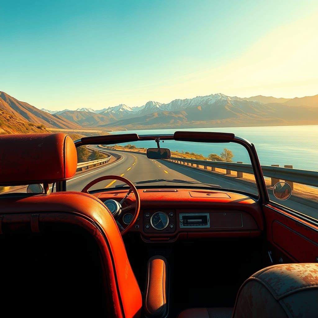 Vintage Car on Coastal Highway in Chile