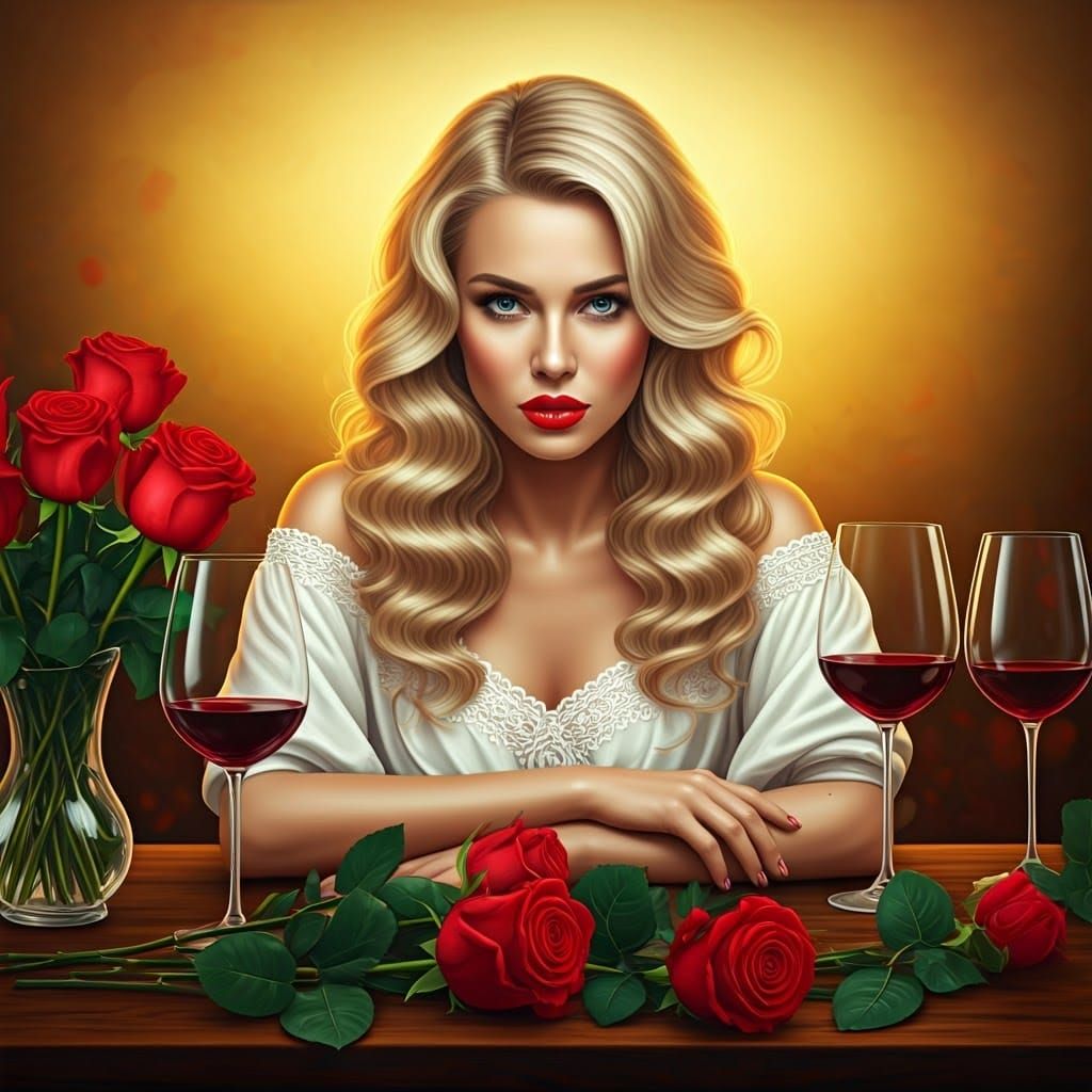 Elegant Woman in a Romantic Setting with Red Roses and Wine