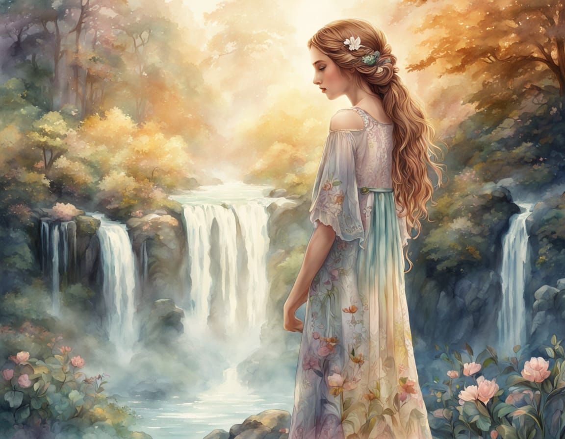 Enchanted Maiden Beside a Cascading Waterfall