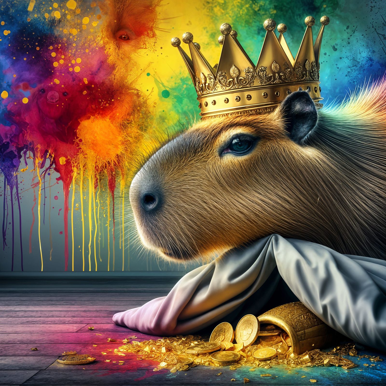 Crowned Capybara Hiding Gold: Hyperrealistic Concept Art