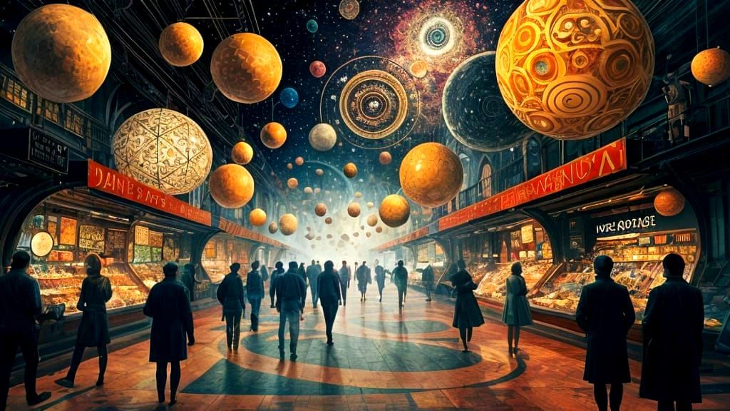 Surreal Market with Geometric Forms in Abstract Style