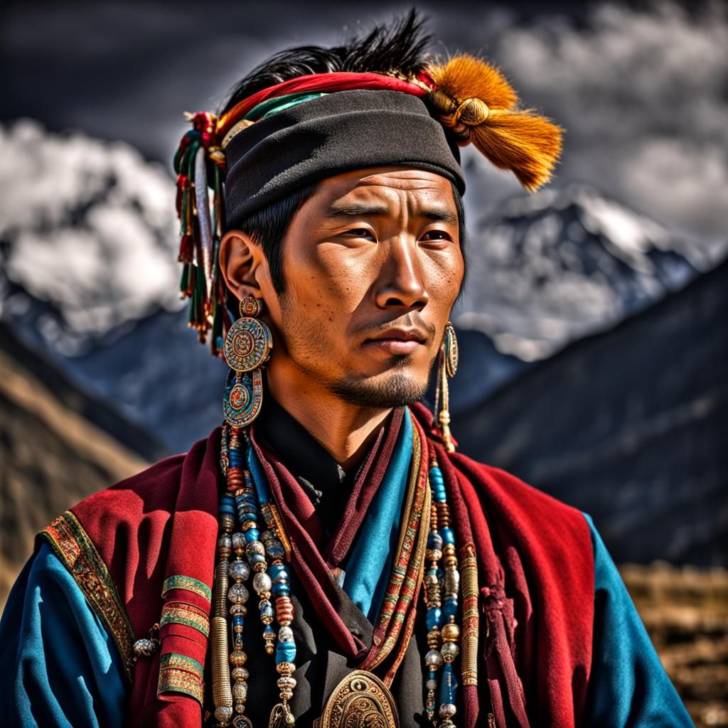 Young Tibetan Man Portrait in Traditional Dress