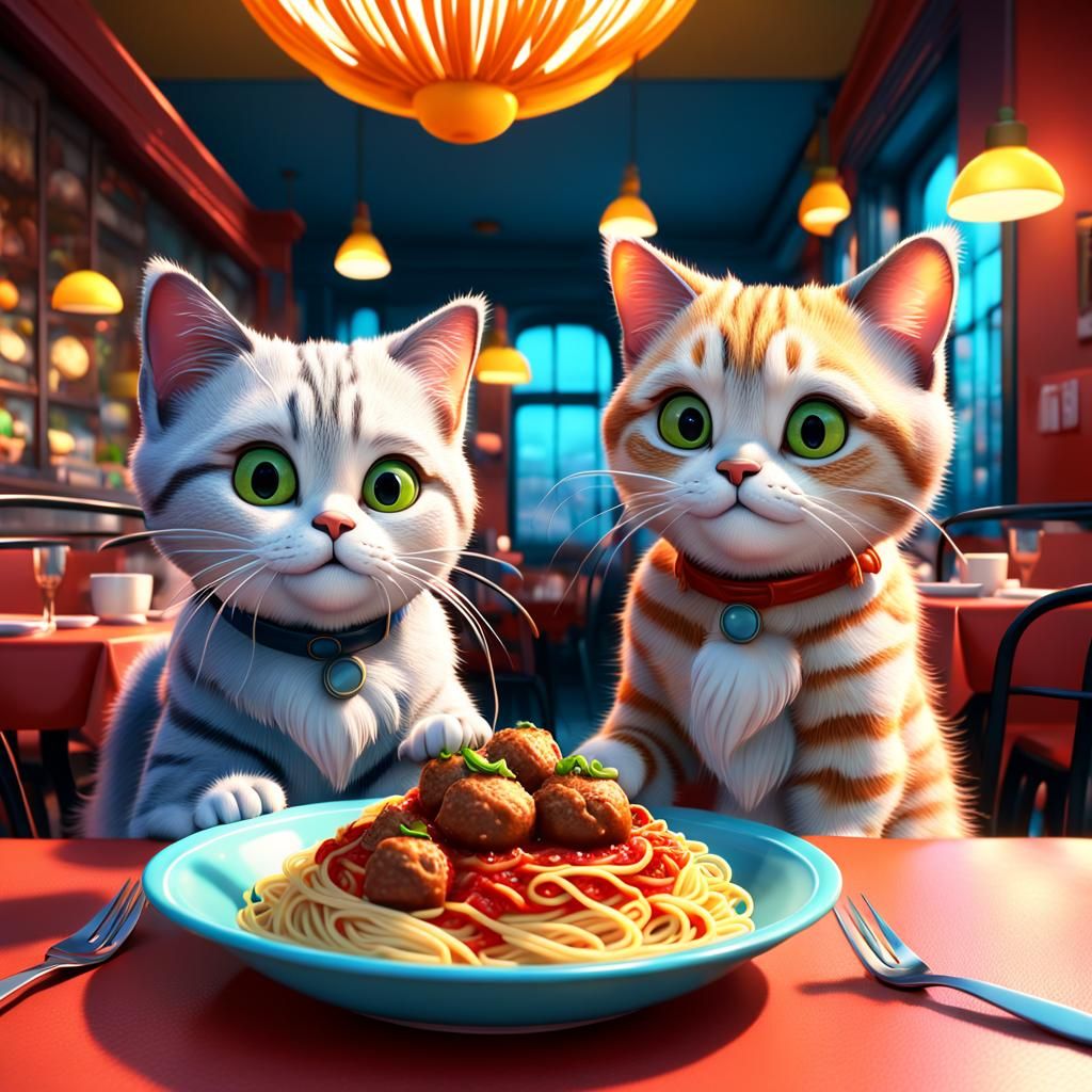Cats Enjoying Spaghetti in Paris, 3D Digital Art