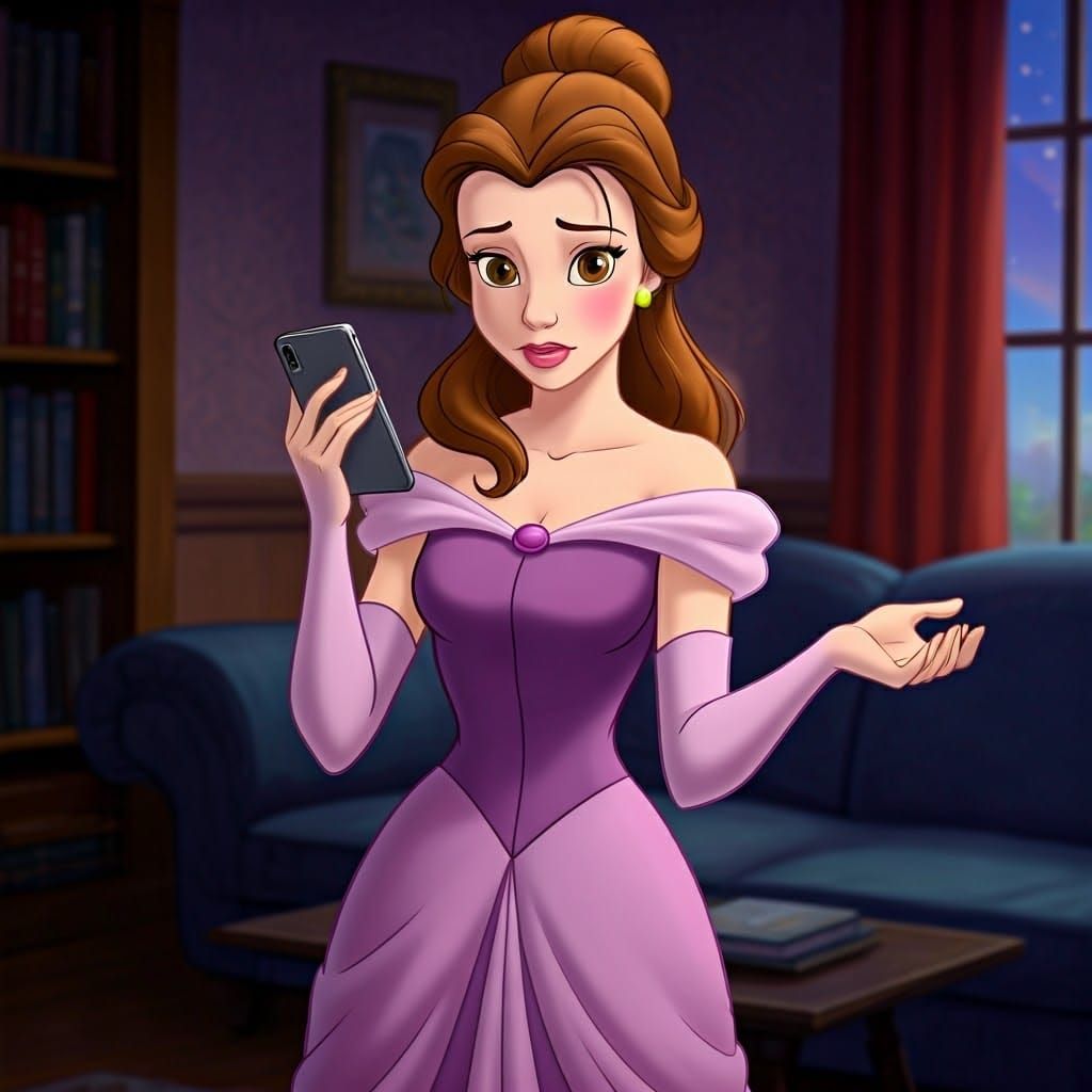 Timid Princess Hides Behind Smartphone in Living Room