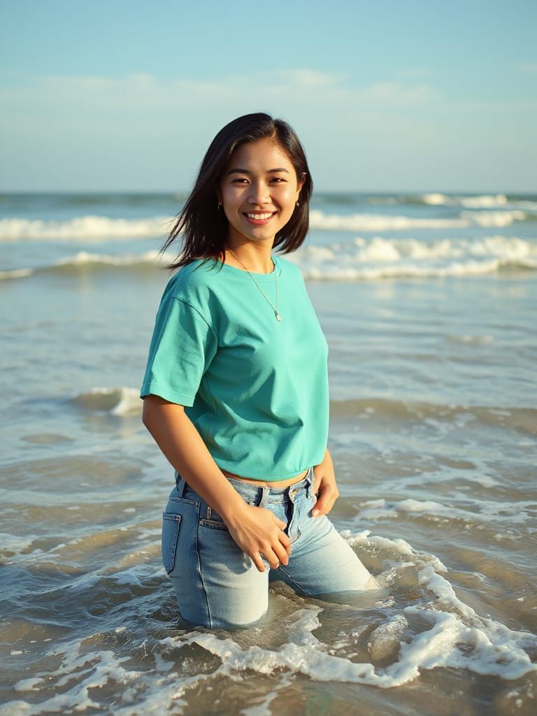 Thai Woman Wades in Surf on Sunny Afternoon