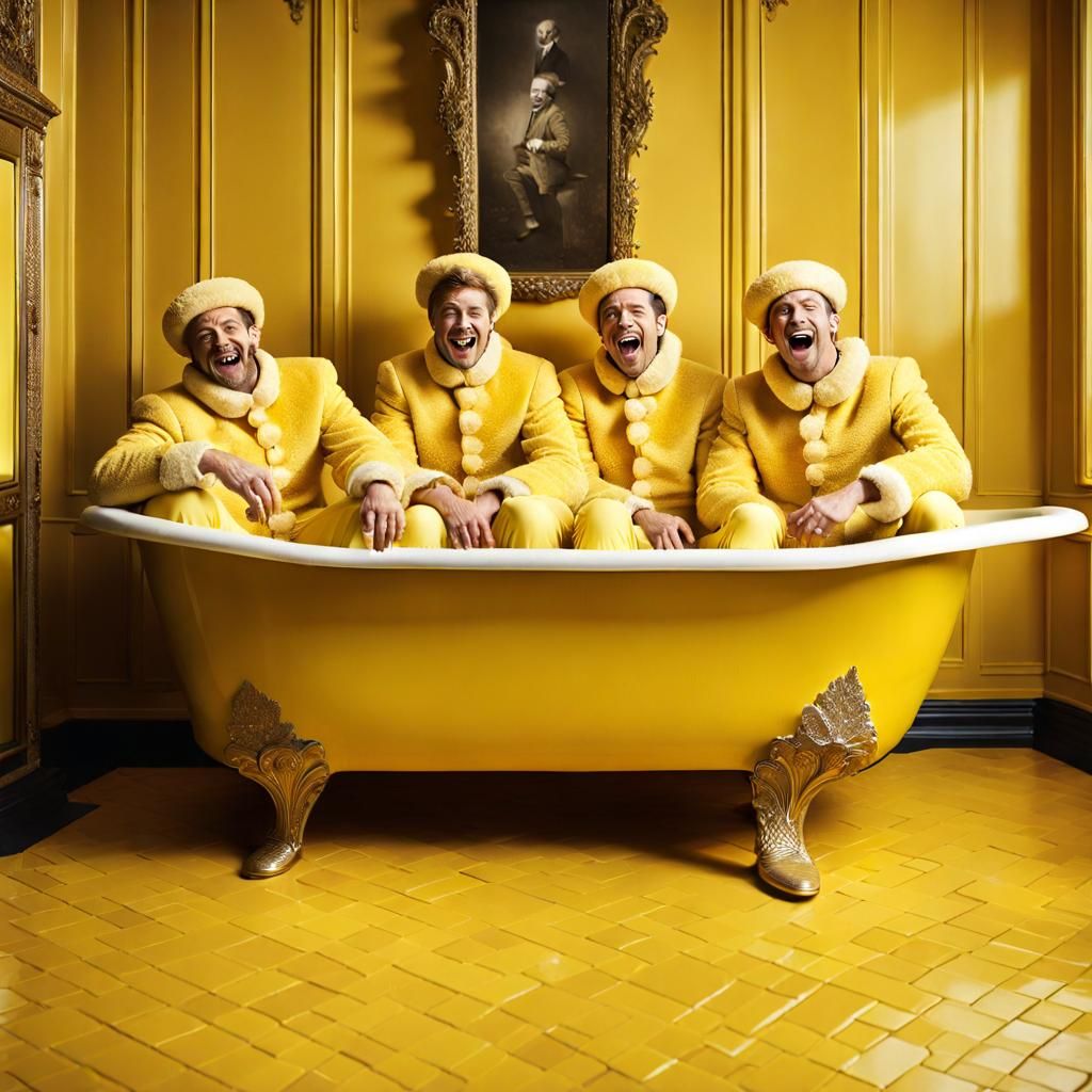 Laughing Men in Yellow Bathtub: Photorealistic Photography