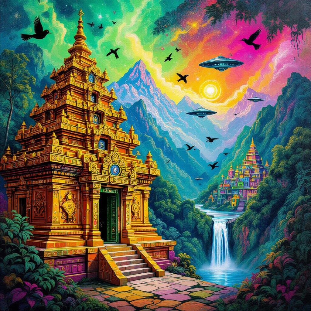 Ancient Golden Temple in Psychedelic Peruvian Forest