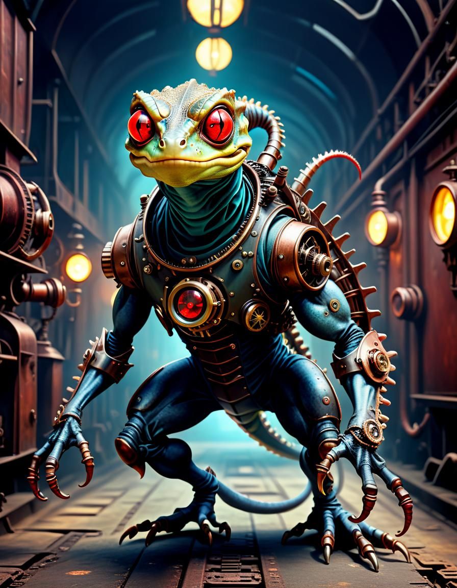 Demonic Steampunk Gecko in Victorian Industrial Style