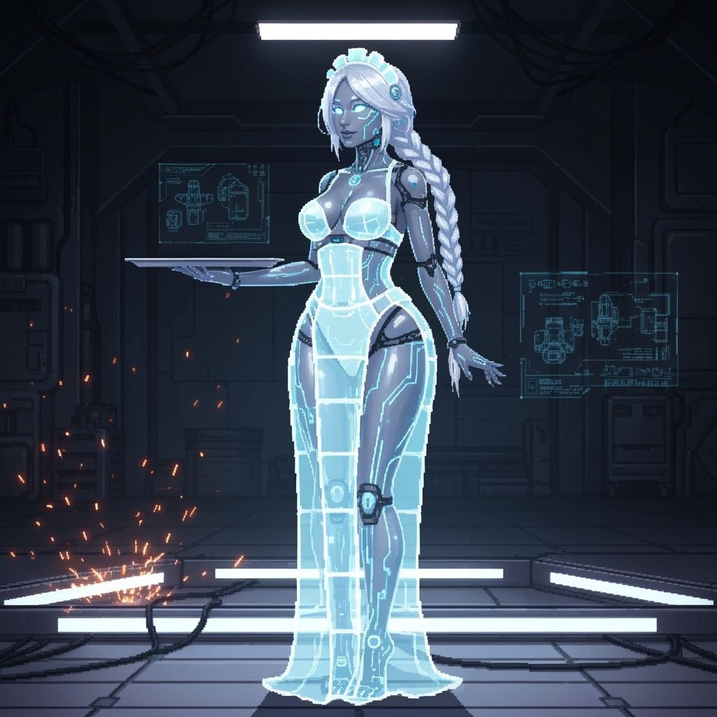 Pixel Art Android Maid in Glowing Glass Dress