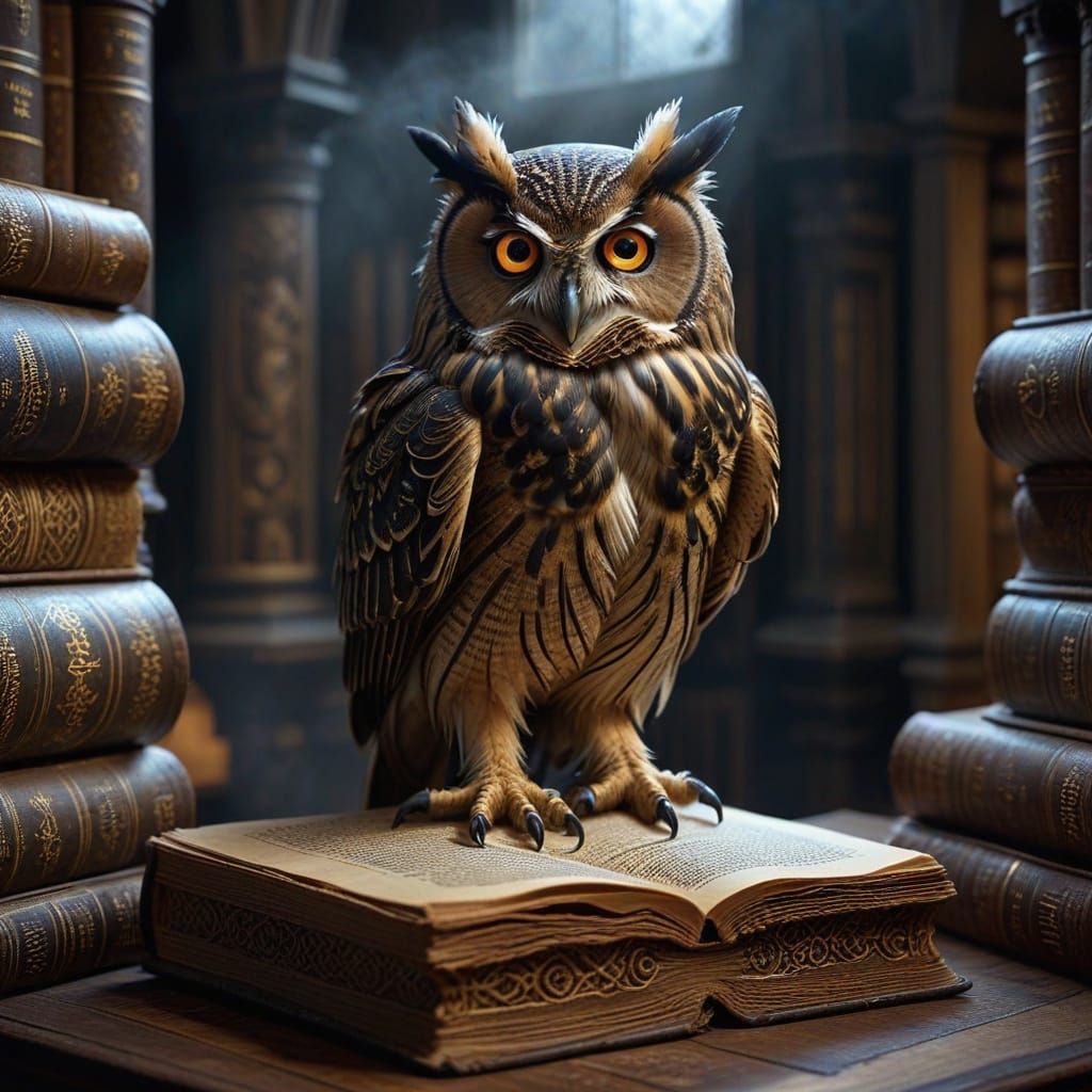 Majestic Owl Surveys Ancient Tomes in Dimly Lit Gothic Libra...
