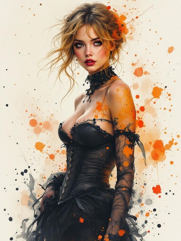 Pin-Up in Whiskey-Splatter Watercolor Style