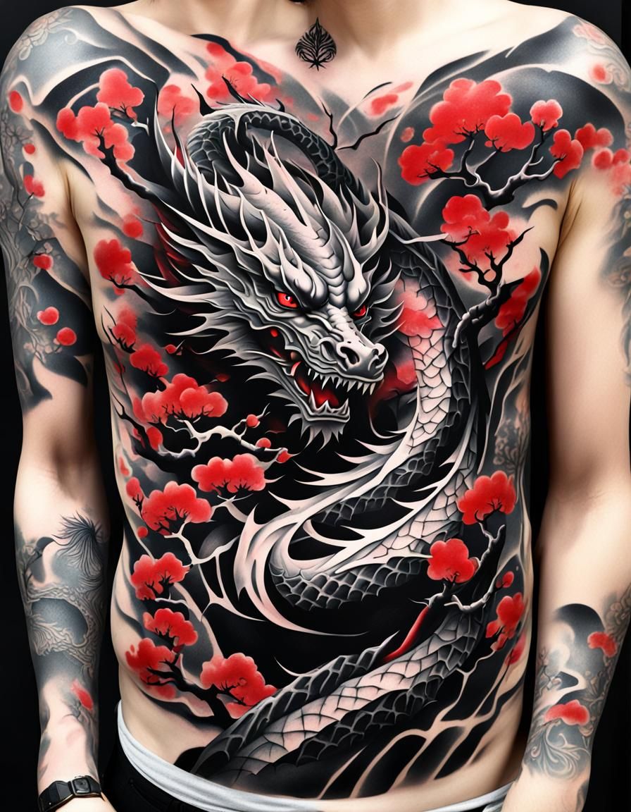Black grey dragon japanese cherry tree red chest tattoo