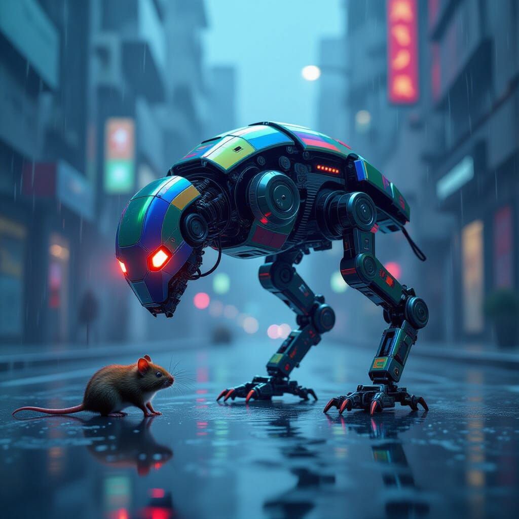 Robotic Eagle Attacks Robot Mouse in Cyberpunk Style
