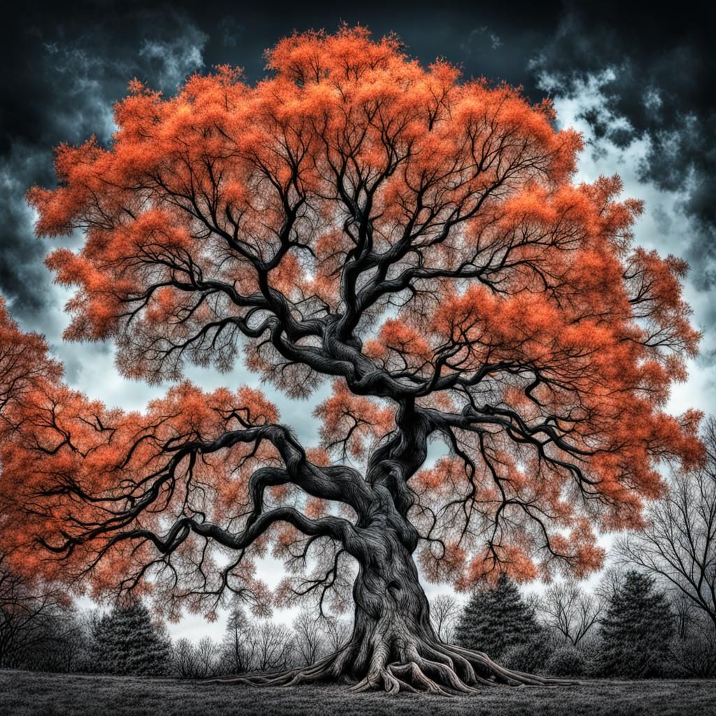 Intricate Maple Tree Ink Drawing with HDR Detail