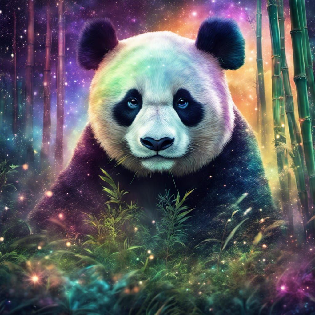 Panda in Galactic Forest, Holographic Illustration