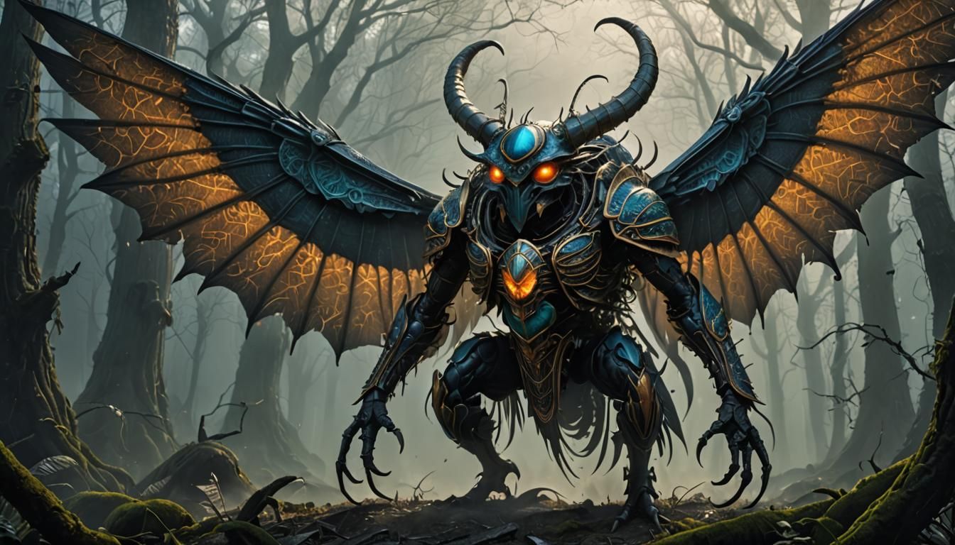 Demonic Scarab Creature with Blade Hands in Fog