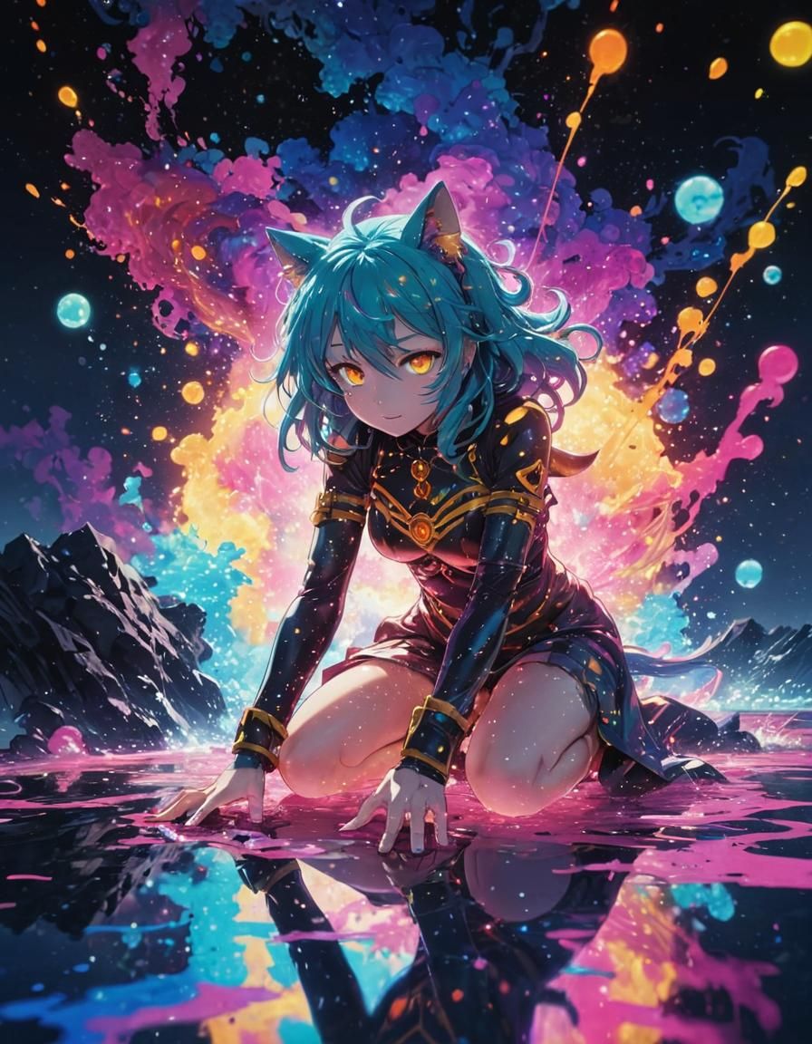 Psychedelic Neon Anime Catgirl in a Cosmic Scene