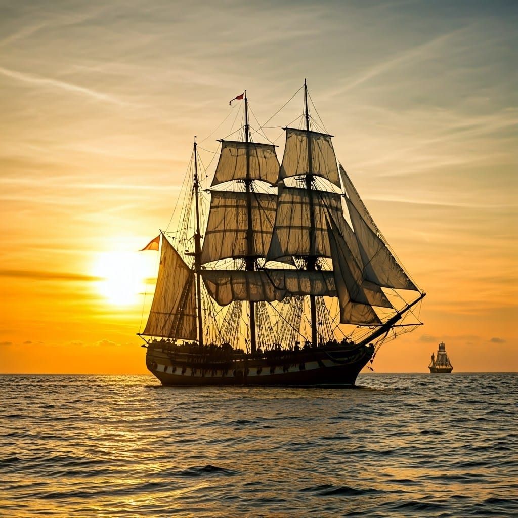 Ghost Ship Sails into Golden Sunset
