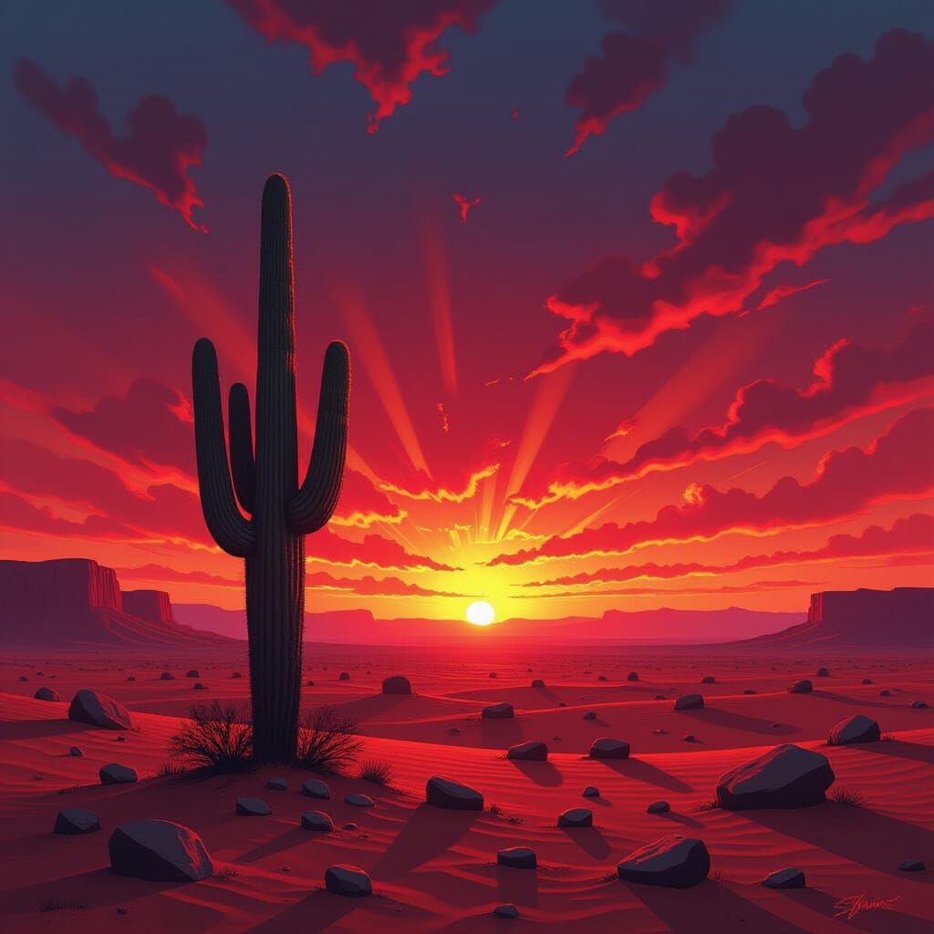 Desert Cactus at Sunset in Dystopian Style