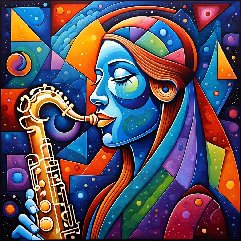 Woman Playing Saxophone in Jazz, Galactic Geometric Style