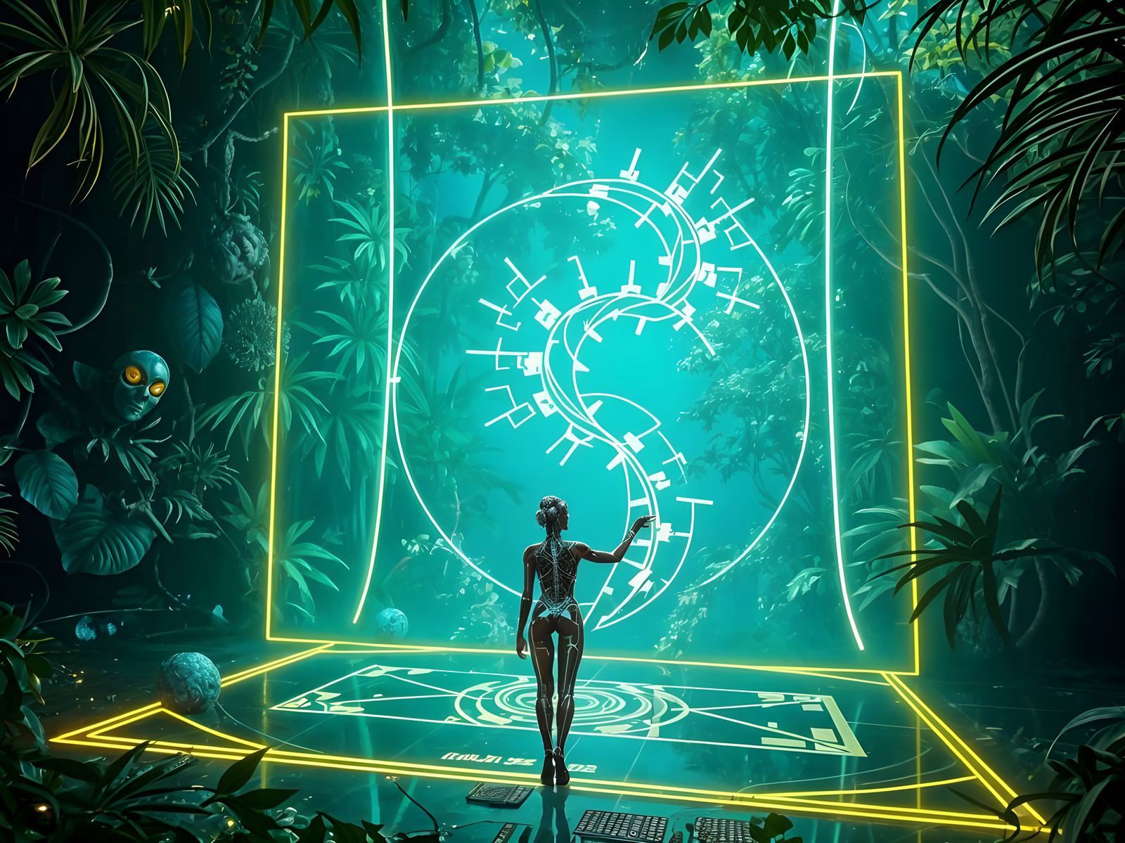 Cyberpunk Goddess in Luminous Jungle Square