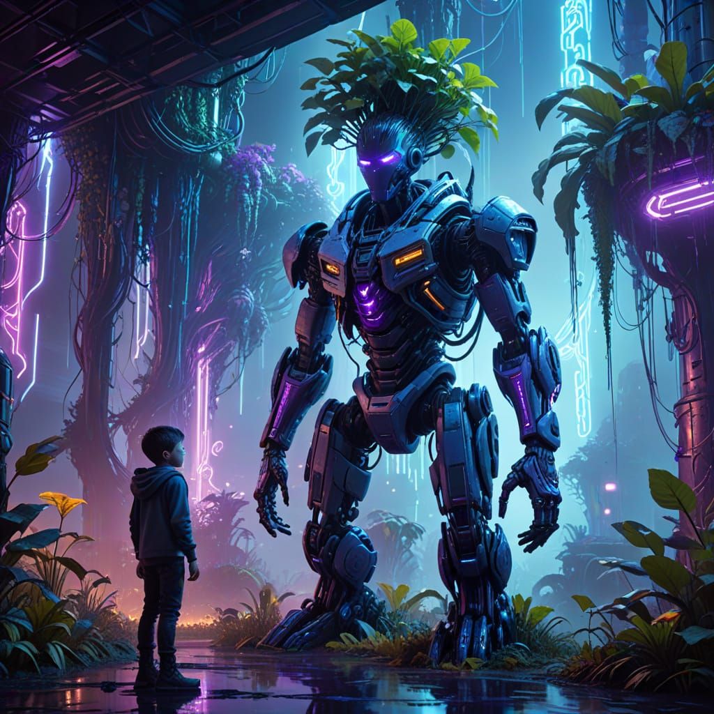 Cyberpunk Boy Under Cybernetic Beanstalk