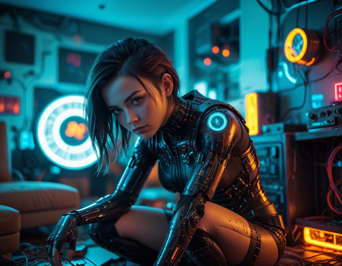 Android Woman in Cyberpunk Room, Professional Photography