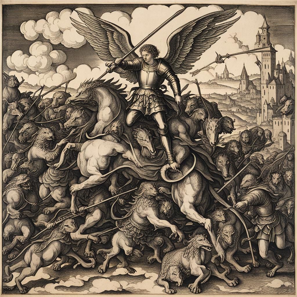 Archangel Michael Woodcut in Renaissance Style