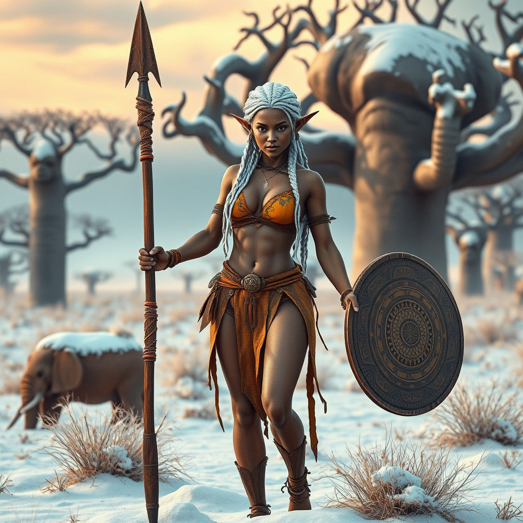 Albino Elf Warrior in Snowy African Savannah