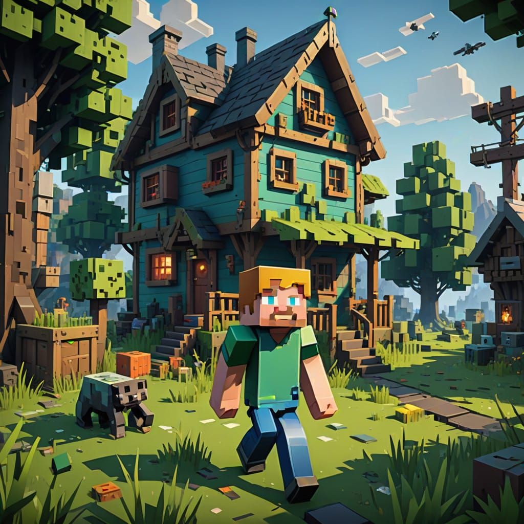 Vibrant Minecraft Character Builds a Wooden House with Joyfu...