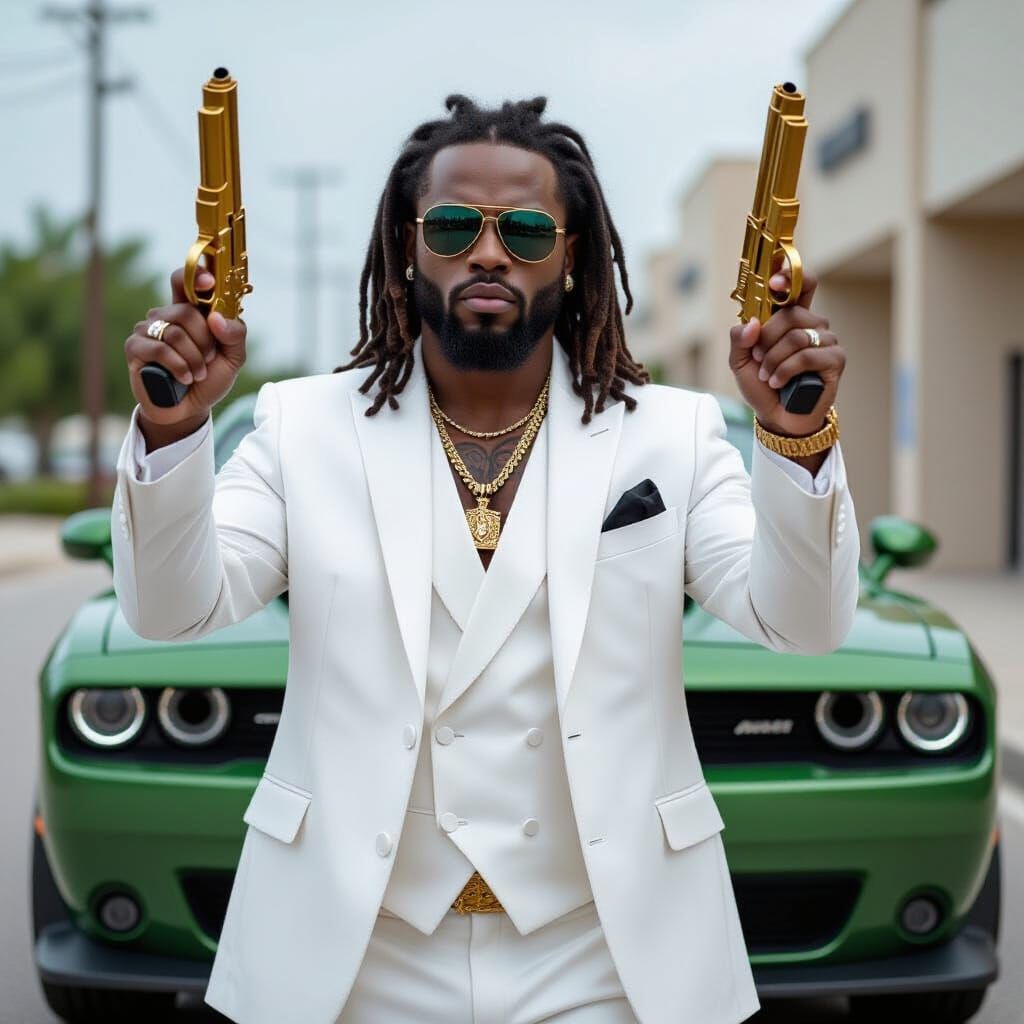 Gangster with Golden Pistols Poses by Green Dodge Challenger