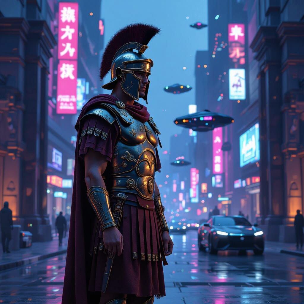 Roman Legionary Guards Neon City in Cyberpunk Style