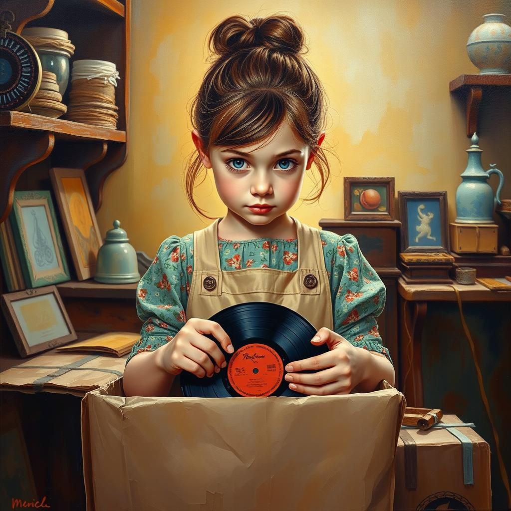 Girl Packs Record: Impasto Neo-Impressionist Painting