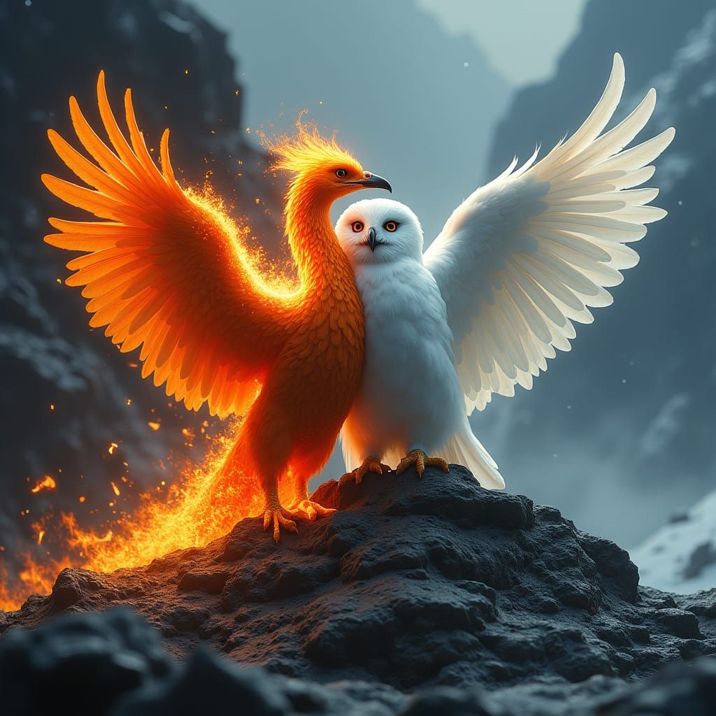 Phoenix Rebirth and Snowy Owl Juxtaposition