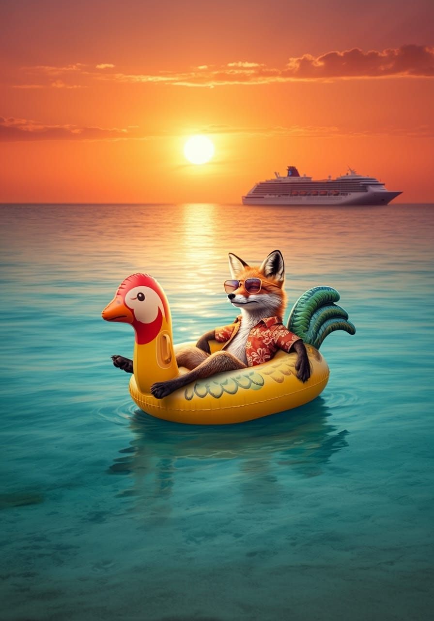 Relaxed Fox on Chicken Float at Sunset