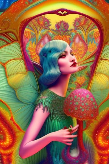 Ornate Fairy with Hallucination Mushroom in Digital Art